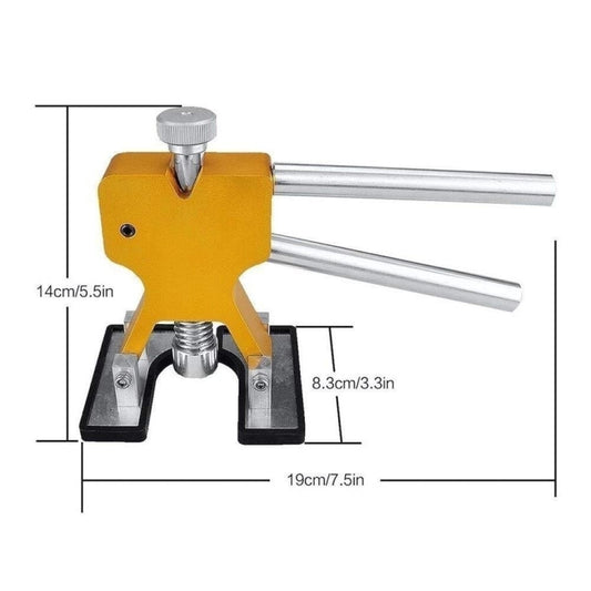 Paintless dent repair puller tool with yellow base and silver bar handle
