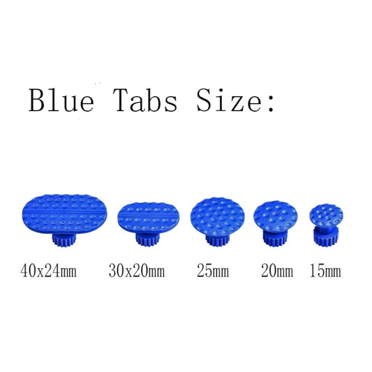 Blue suction tabs for paintless dent repair, five sizes shown