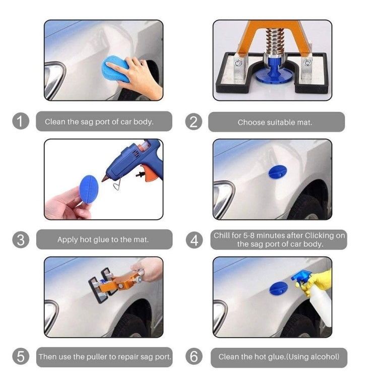 Dent repair kit step collage showing glue mat, hot glue application, and tab pulling