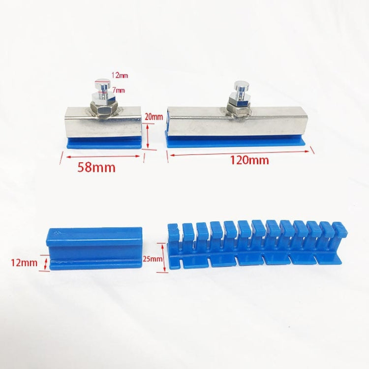 Blue dent repair tool kit with clamp bars and pulling tabs with size labels