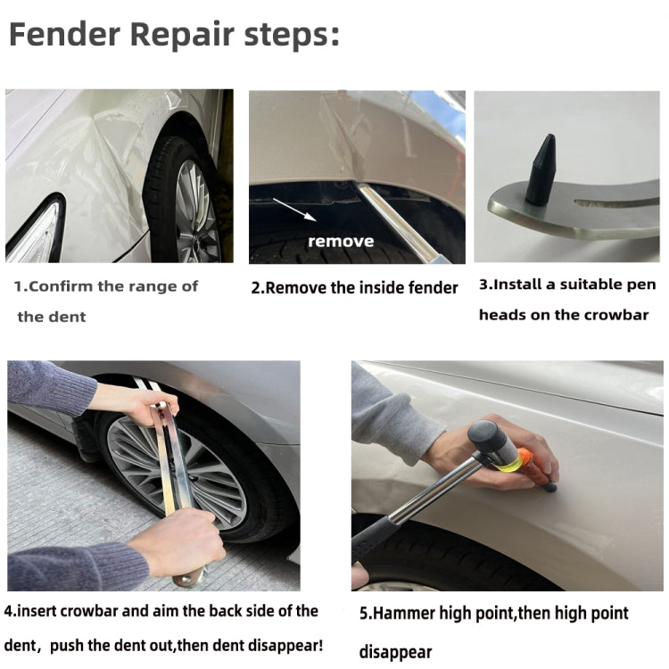 Car fender dent repair kit steps with crowbar and pen applicator