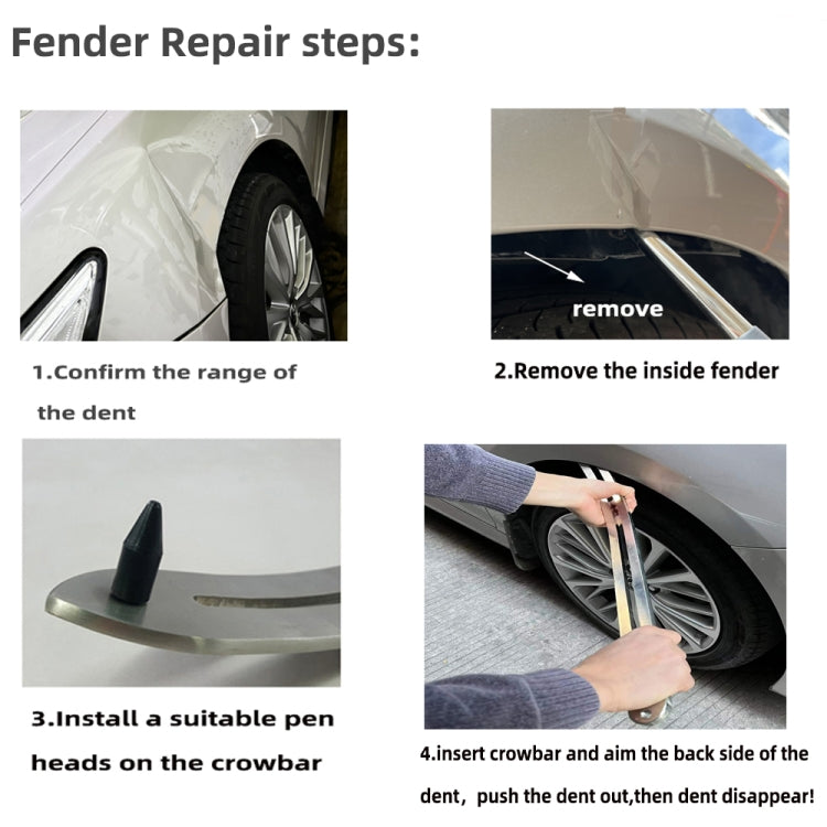 Fender dent repair using crowbar lifter inserted behind dent to push it out