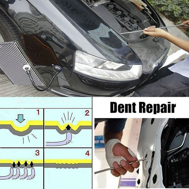 Car dent repair kit showing hook rods and wedge on vehicle