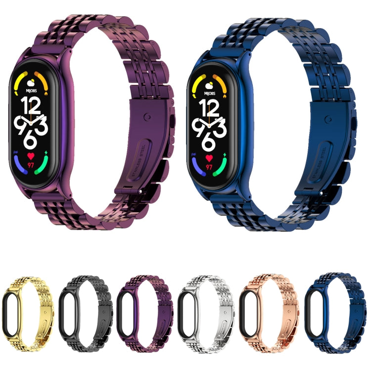 Seven-bead metal watch bands in multiple colors: gold, black, purple, silver, rose gold, blue