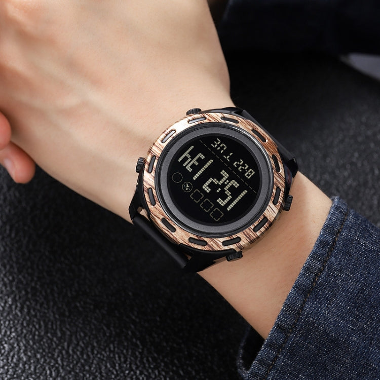 SKMEI electronic wristwatch with black strap and rose-gold bezel, digital time display