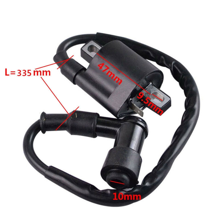 Ignition coil with black wire harness and measurement labels for size guidance