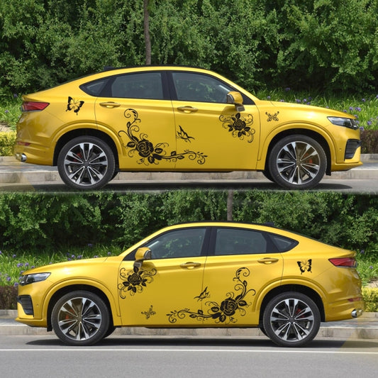 Car side door sticker set featuring yellow car with black rose, butterfly and swirl decals