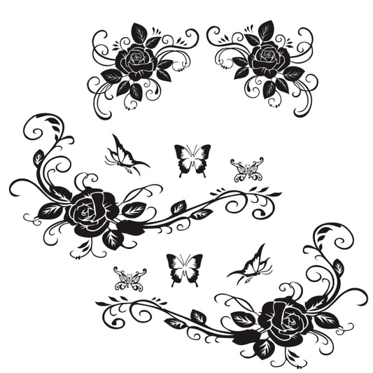 Car decorative sticker set with black floral rose, butterfly and scroll designs