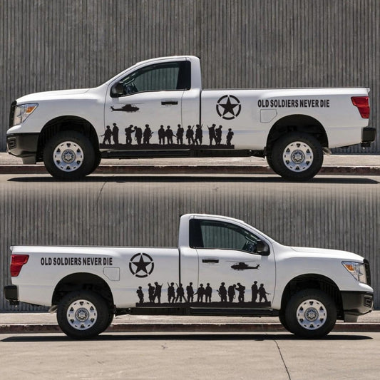 Truck car decal set on white pickup: black star emblem, 'Old Soldiers Never Die' and soldier silhouettes