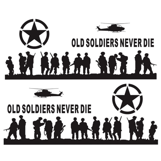 Car decal set with black soldier silhouettes, star emblems, helicopter, and 'Old Soldiers Never Die' text