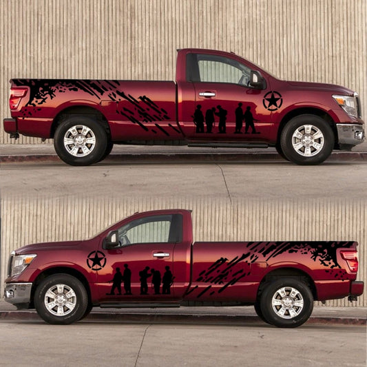 Car door decal set in black on red pickup truck, soldier silhouettes and star target