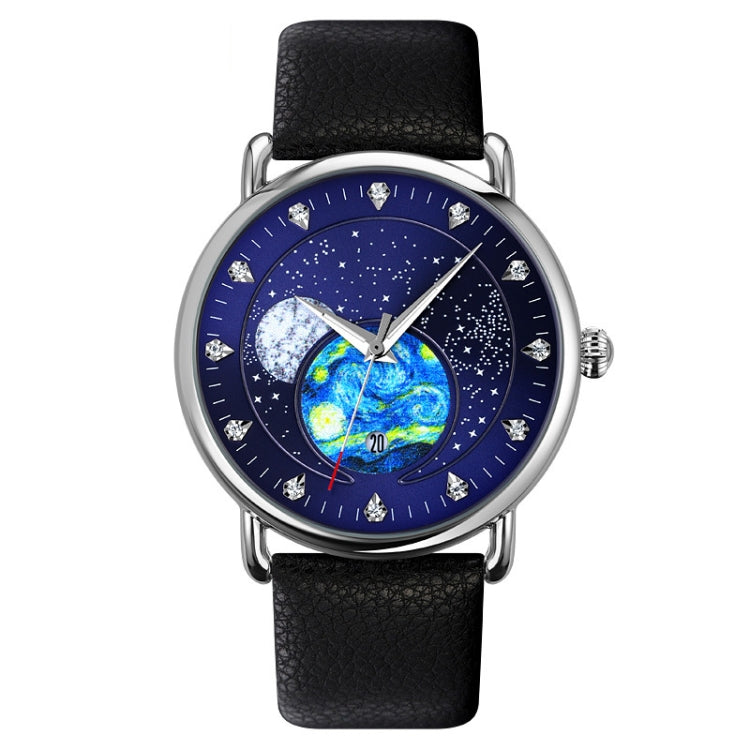 Leather strap quartz watch with blue starry dial and blue globe graphic
