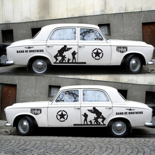 Black car decal sticker set on a white classic car with star emblem and soldier figures