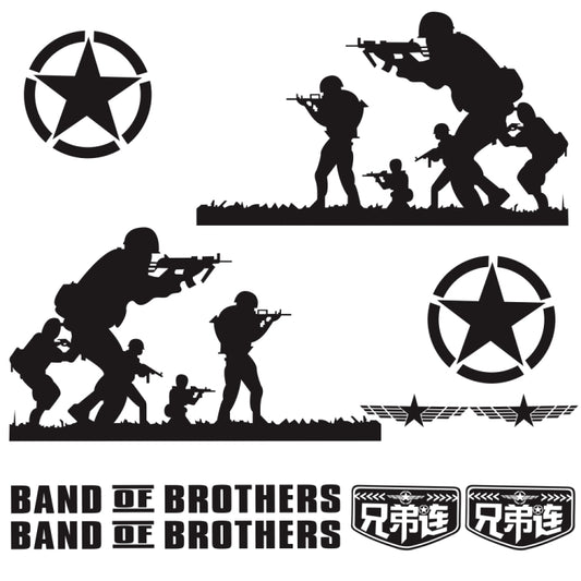 Black car decal sticker set with star emblem, soldier silhouettes, and “Band of Brothers” text