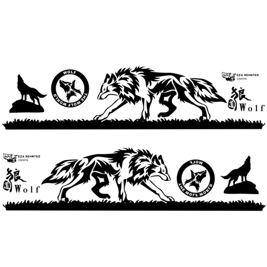 Wolf totem car sticker set: two long panels with black wolf graphic and crest icons
