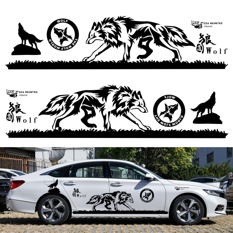 Car door decal set with black wolf totem and animal silhouette graphics, 2-piece