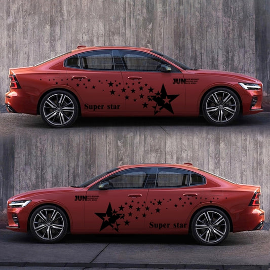 Black star pattern car decal set on red car door panels and rocker, 2 pieces.