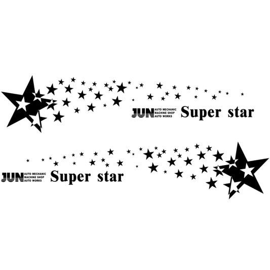 Black star pattern car decorative sticker set with “Super star” text, 2 pieces.