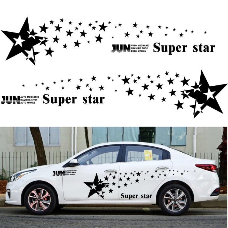 Black star pattern car decal set on white sedan doors, with “Super star” text, 2 pieces.