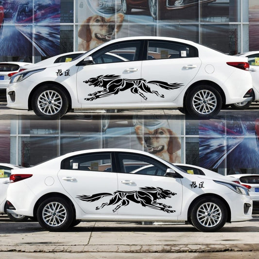 White car with black wolf totem side stripe decals, winged wolf graphic