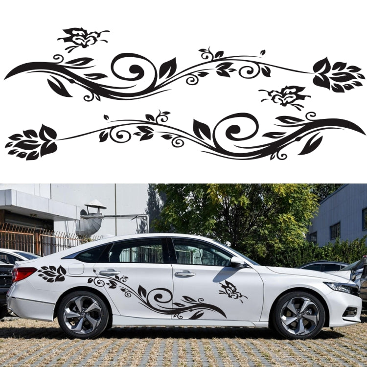 Car side decorative stickers (2 pcs) with black butterfly and floral swirl pattern on white car