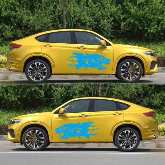 Yellow car with blue lion flame pattern graphic decals on the door