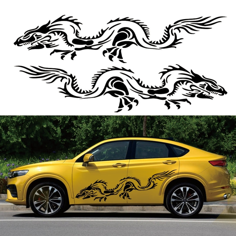 Yellow car side with black dragon totem decal across the doors.