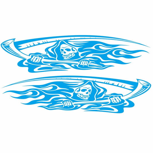 2-piece blue grim reaper fish pattern car decal set, two matching stickers.