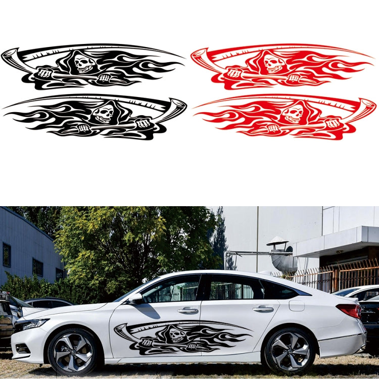 Black and red grim reaper fish decal set on white car side, two matching stickers.