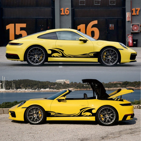 Yellow sports car with two black wave pattern side decal strips and flame-style accents