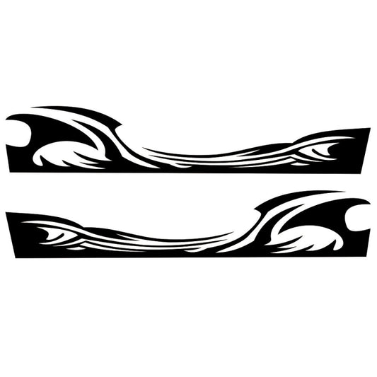 Car door decal set with two black wave pattern sticker strips and white flame accents