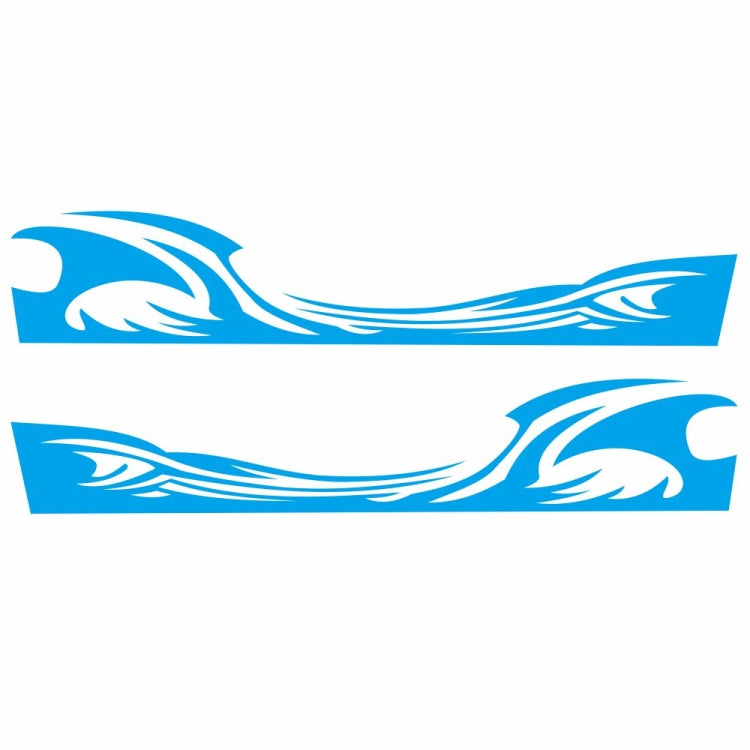 Two-piece car door decal set in blue with wave pattern and flame-style line details