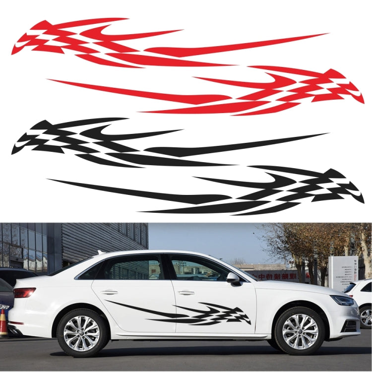 Car with two checkered totem lightning decals: black and red, side door placement