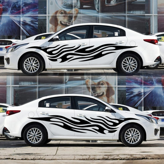 Flame pattern car decal set on a white sedan, two black strips on the doors