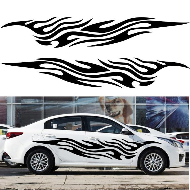 Flame pattern car decal set on a white car, two black strips across the side