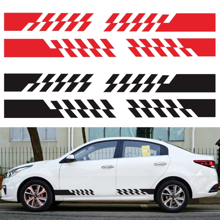 Car door sticker set D-487, white vehicle with black and red diagonal stripe decals
