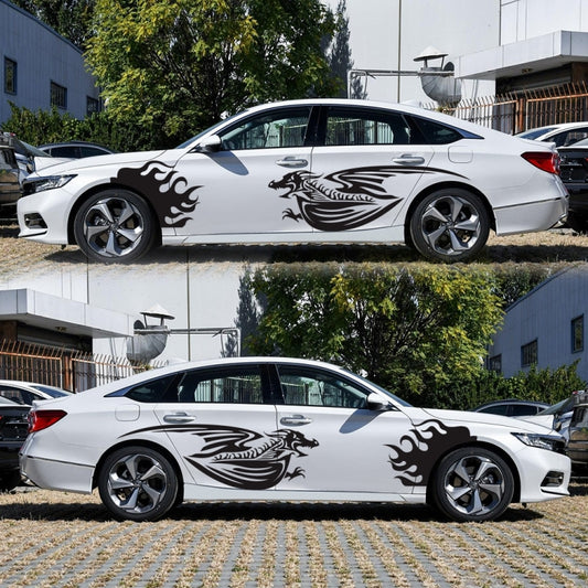 Car side decal set: winged dragon flame pattern in black on light-colored car