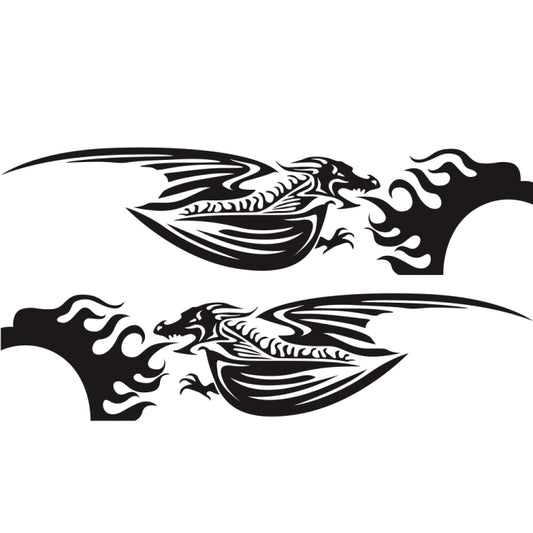 Car decal set with two winged dragon flame designs, black and white outline