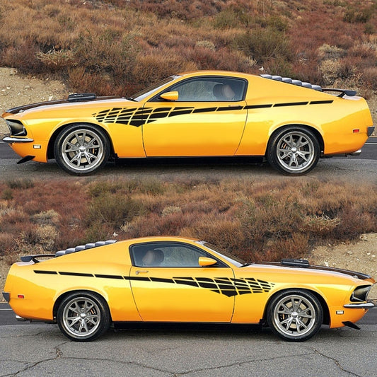 Two plaid side stripe car decals applied on a yellow coupe, grid pattern tips