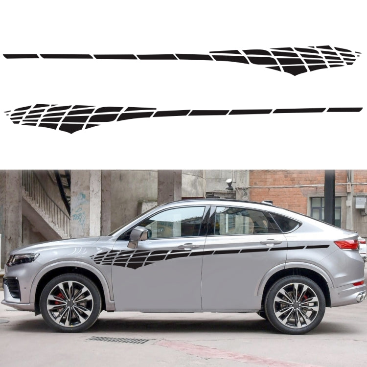 Two plaid side stripe car decals applied on a white car, grid pattern stripe