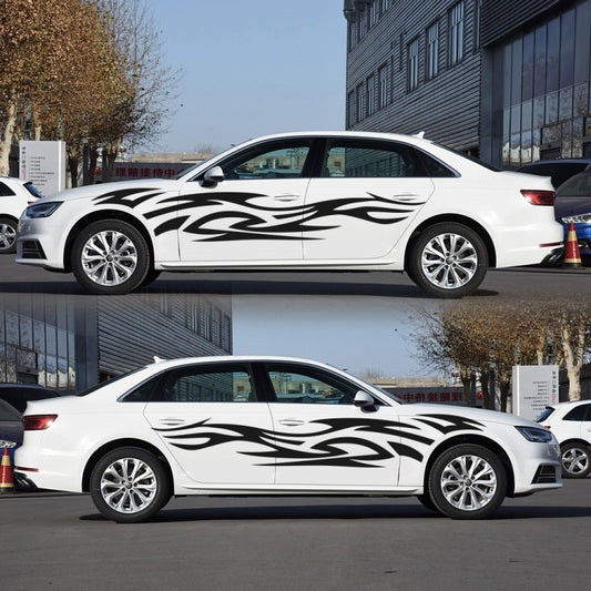 Car side decal set with black flame tribal totem pattern on white sedan door area