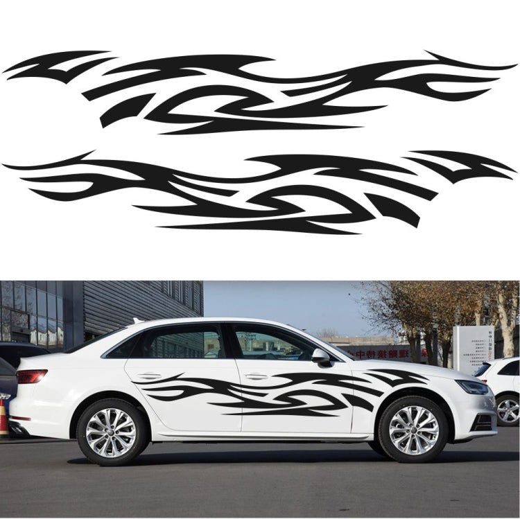 Car side decal set with black flame tribal totem pattern on white sedan, sticker pair
