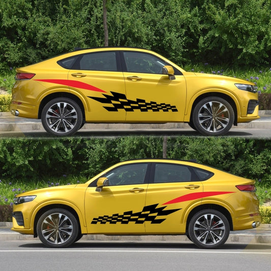 Car side decal set with checkered stripes on a yellow car in black and red