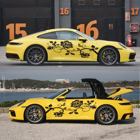 Car door and side fender decal set with yellow rose, bird, and vine swirl outlines