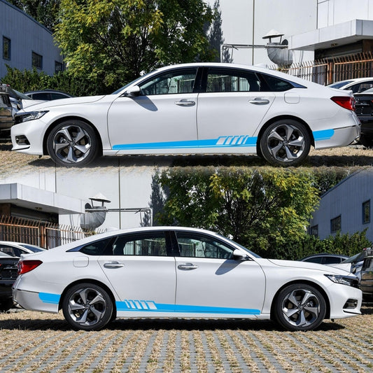 Blue stripe car side decal pair with geometric segments