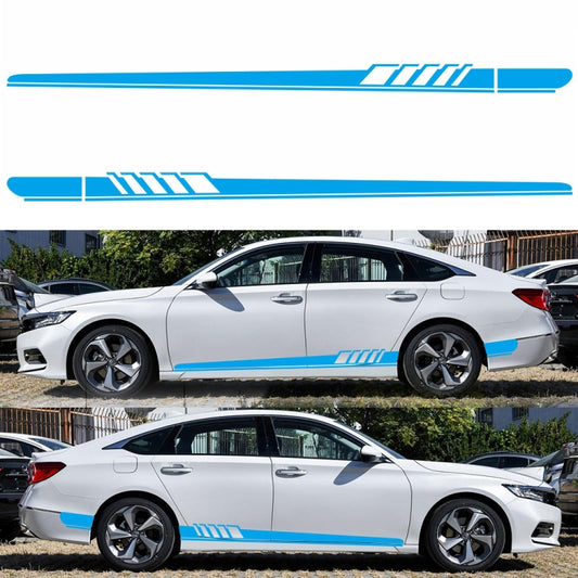 Blue stripe car side decal pair with geometric segments