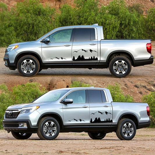 Pickup truck door and bed decorative stickers with black mountain, trees, and birds silhouettes
