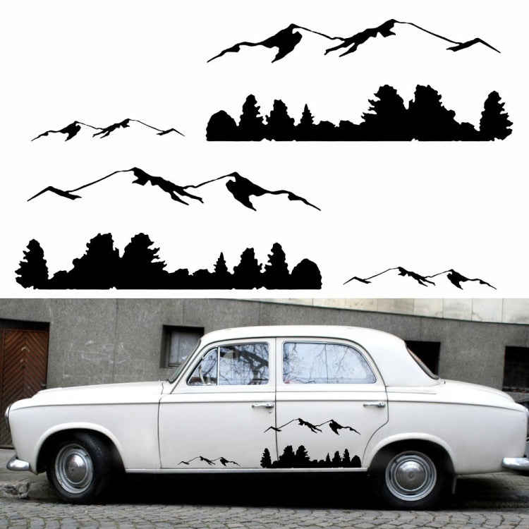 Classic white car with black mountain and forest silhouette decal on the side panel