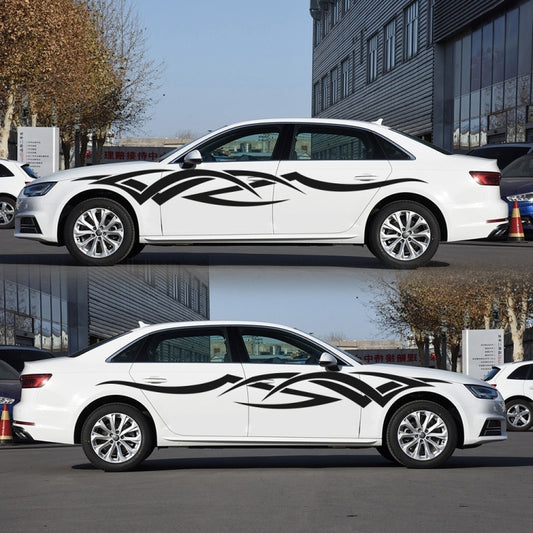 White car with black D-731 totem pattern side decal stickers, two-piece set.