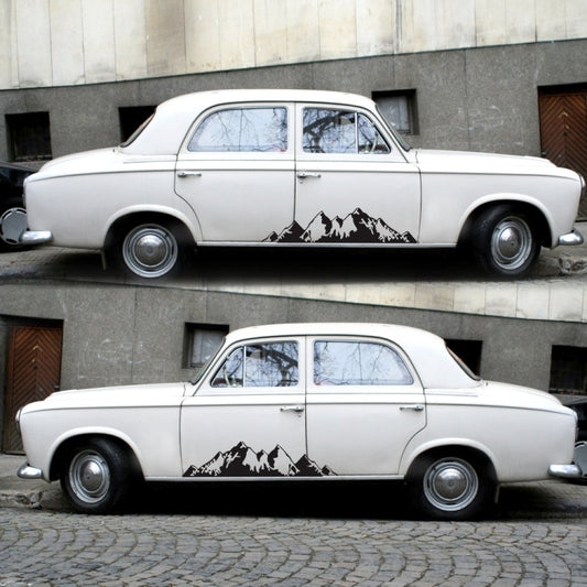 2-piece mountain pattern car decal set on a white classic car side doors